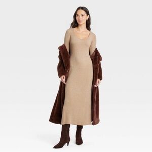 a new day metallic Tan Long flare Sleeve Ribbed sweater maxi Dress